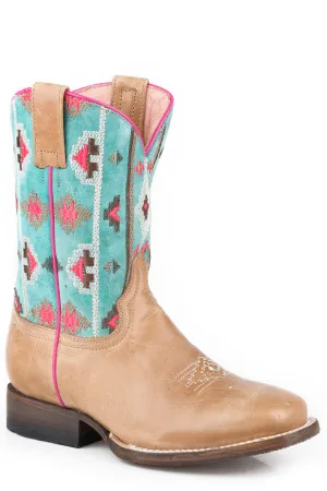 Girl's Waxy Tan Western Square Toe Boot w/ Native Embroidery