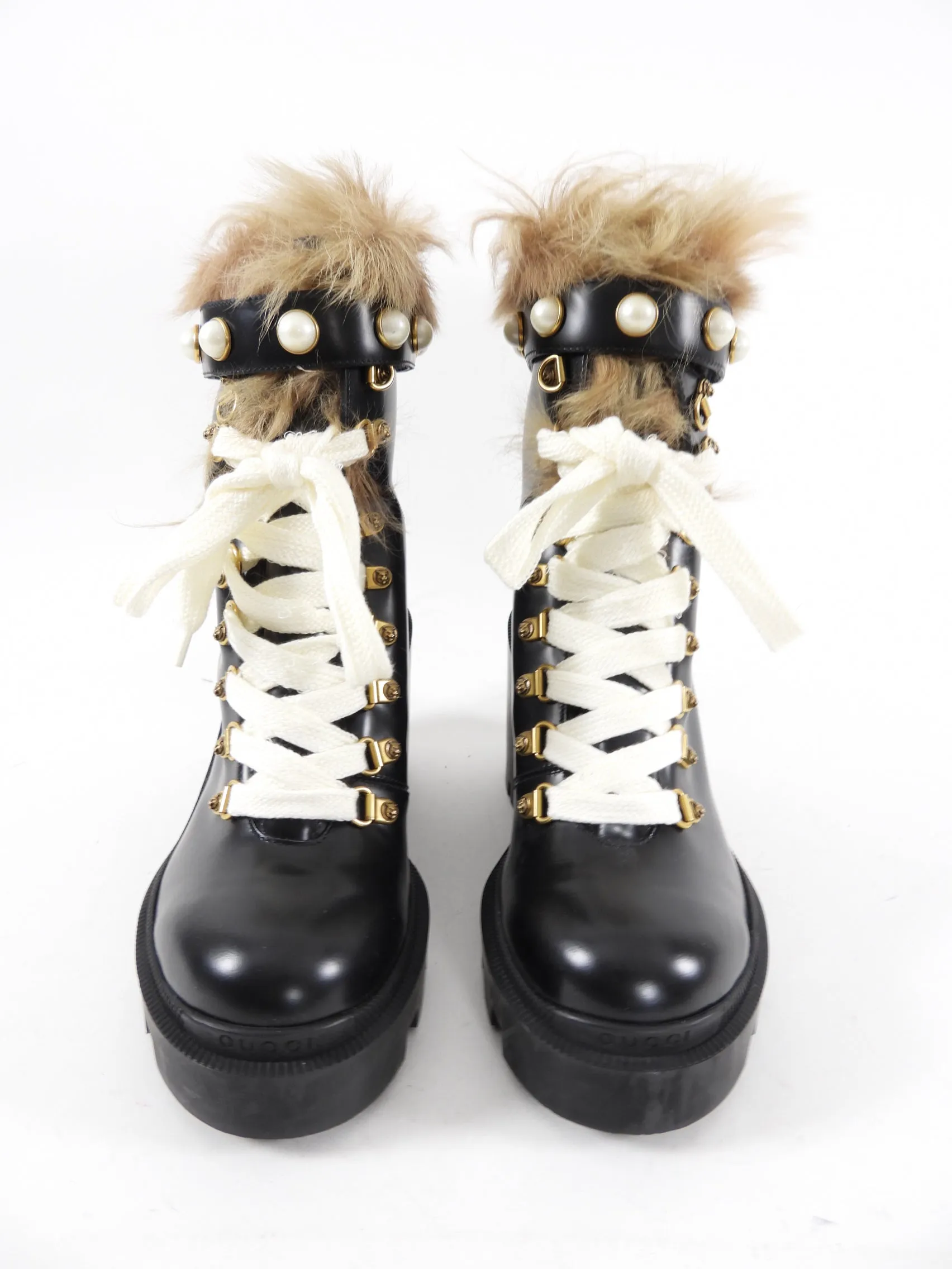 Gucci Trip Black Lace Up Combat Boot with Shearling Lining - 39