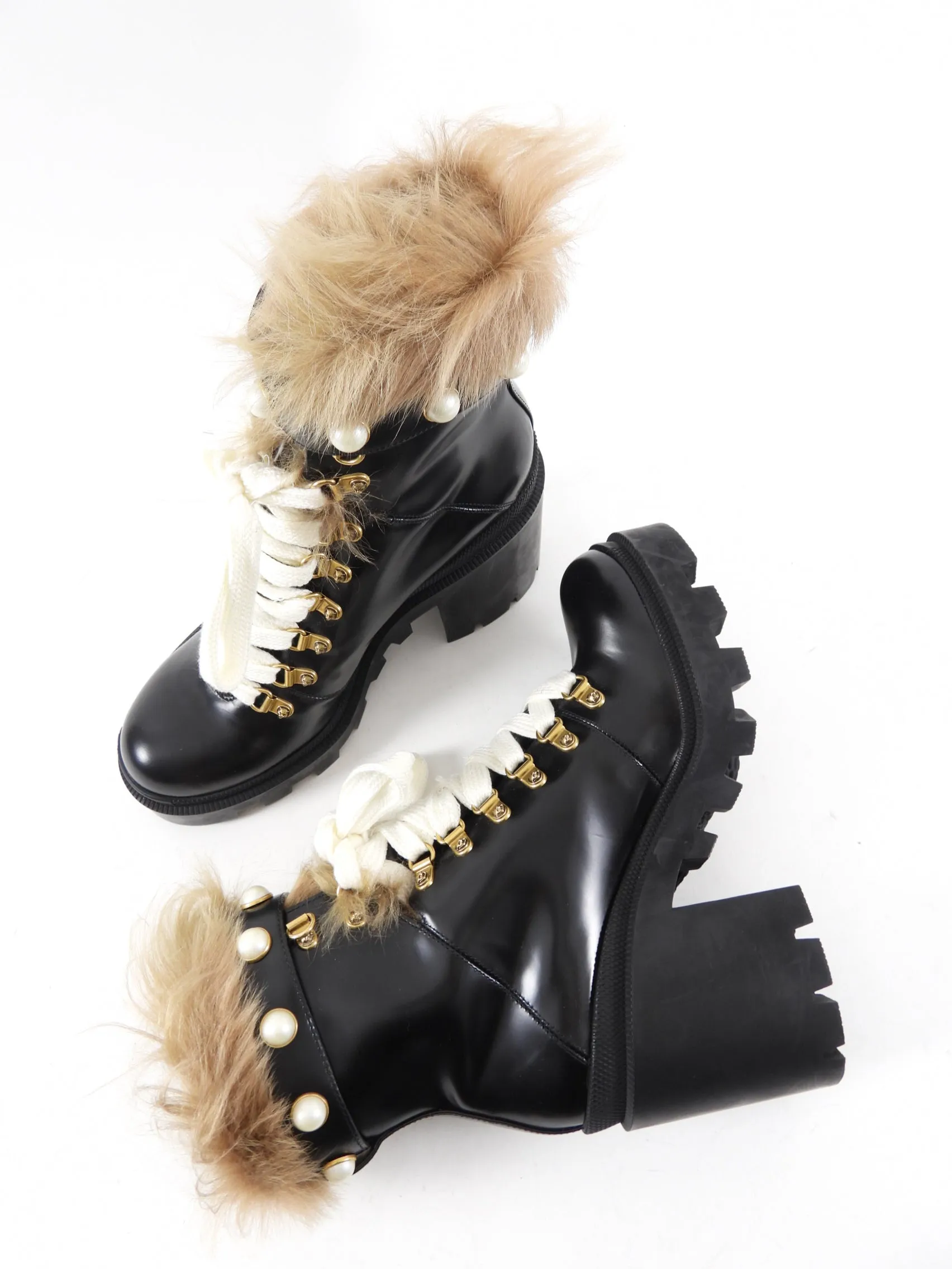 Gucci Trip Black Lace Up Combat Boot with Shearling Lining - 39